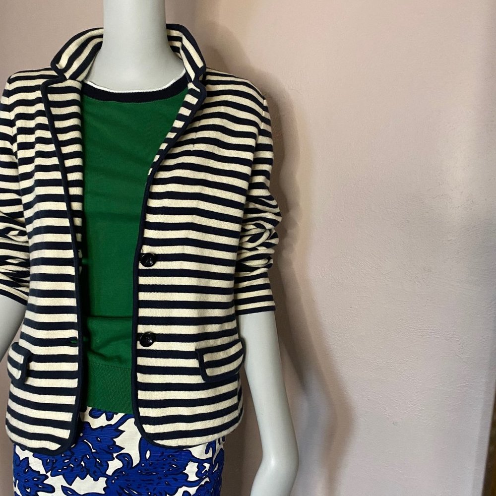 ANN TAYLOR cotton knit blazer navy white stripes M